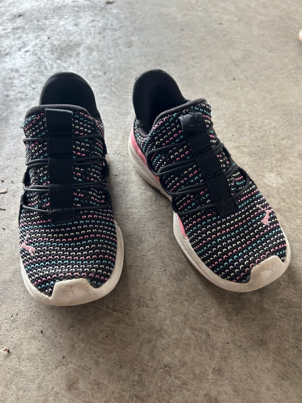 Puma Kids Black Knit Slip-On Sneakers with Pink and Teal Accents